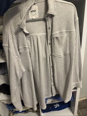 Aerie Light Gray Waffle-Knit Button-Up Shirt Jacket